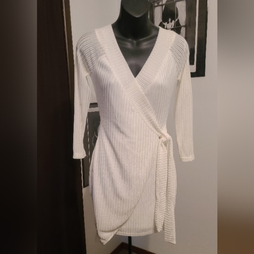 Luxxel Ivory Knit Wrap Mini Dress